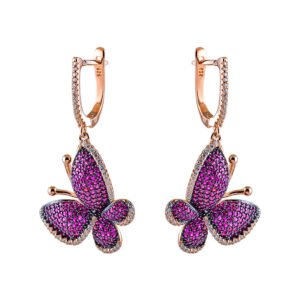 rose gold butterfly earrings with pink crystals