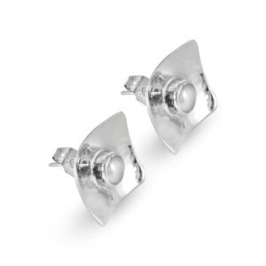 silver square earrings with pearl center