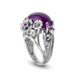 floral silver ring with purple stone