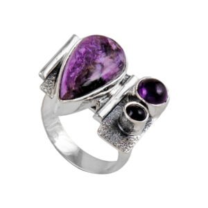 silver ring with pear purple stone