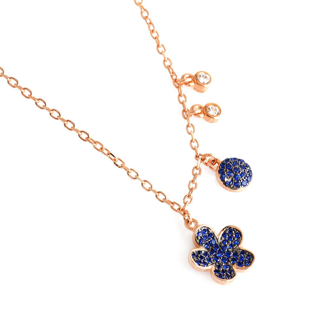 Blue Crystals Gold Color Flower Silver Necklace