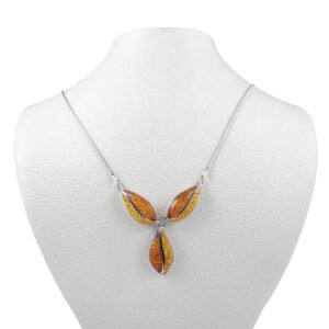 Three Amber Leaf Silver Necklace