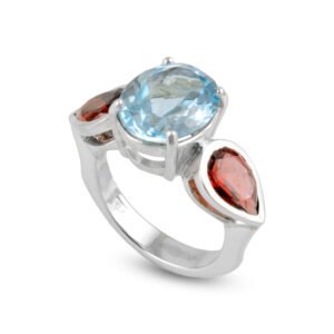 natural blue topaz and garnet silver ring