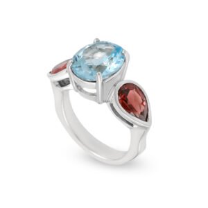 natural blue topaz and garnet silver ring