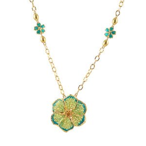 green flowers silver necklace