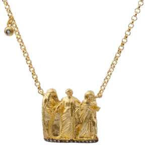 three people silver and gold diamond necklace