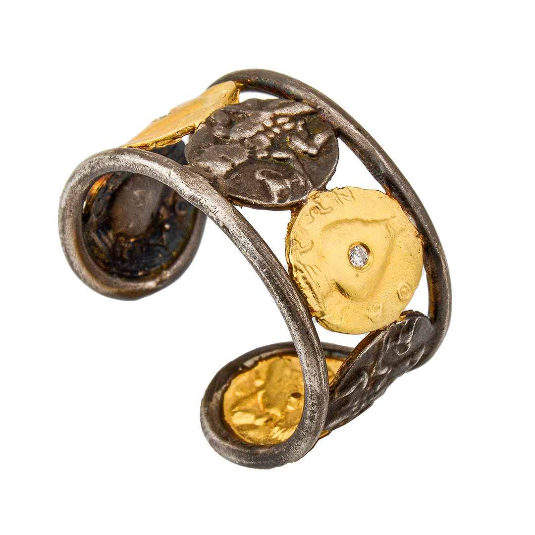 Engraved Silver and Gold Diamond Band